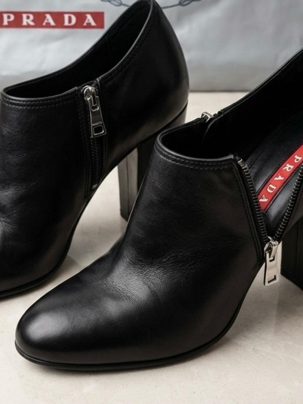 Prada Black Leather Ankle Boots Block Heel Zip Booties EU 39 / US 9 NWOT
